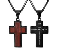 Flongo Collier croix pour homme - Collier chrétien en bois noir et acier inoxydable gravé avec verset de la Bible Philippiens 4:13 "I can do all things through Christ", pendentif croix des Philippiens
