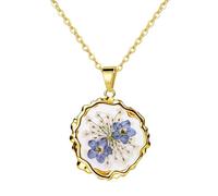 Flongo Collier de Fleurs Pressées Femme: Collier Ne m'Oublie Pas en Acier Inoxydable avec Pendentif Fleur de Forme Irrégulière-Bijoux Commémoratifs