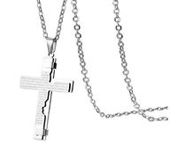 Flongo Collier en Acier Inoxydable pour Homme Garçon Pendentif Croix Chrétienne Gravée de Bible Chaîne Classique Religieux