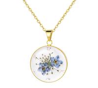 Flongo Collier Femme de Fleurs Pressées : Collier Ne m'Oublie Pas en Acier Inoxydable avec Pendentif Fleur Ronde-Bijoux Commémoratifs,Cadeau de Sympathie pour Mère Avortée