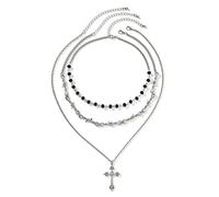 Flongo Collier Femme Pendentif Croix Superposés：Collier en Acier Inoxydable avec Épines et Perles de Verre Style Gothique Punk Bijoux d'Halloween-Cadeaux de Noël