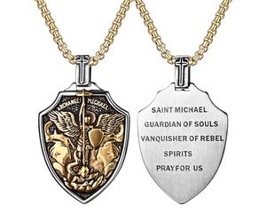Flongo Collier Homme Acier inoxydable : Collier Pendentif Médaille Saint Michel Gardien avec Chaîne d'Oreille de Blé Bijoux Religieux Bijoux Amulettes avec Gravure - Cadeau Anniversaire