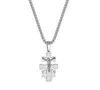 Flongo Collier Homme Acier Inoxydable Fantaisie,Collier Croix Chrétienne de Caravaca Homme Femme,Pendentif Croix Caravaca et Ange,Cadeau pour Homme,Femme