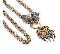 Flongo Collier Homme Acier Inoxydable:Pendentif Homme Tête de Loup Patte d'Ours Viking,Cadeau pour Homme Garçon