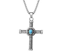 Flongo Collier Homme Croix Turquoise: Collier Acier Inoxydable avec Pendentif Croix Chrétienne Vintage Religieux avec Pierre de Turquoise Style Bohème pour Hommes et Femmes - Cadeau Anniversaire