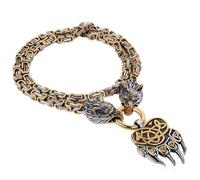 Flongo Collier Loup Viking pour homme : tête de loup griffe d'ours Pendentif Chunky Chaîne amulette en acier inoxydable Chaîne byzantine Punk Bijoux norvégiens Vintage Argent Noir Or Chaîne byzantine