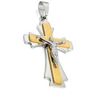 Flongo Collier Pendentif Acier Inoxydable Double Croix Jésus Prièrre Chrétienne Chaîne 55cm Bijoux Cadeau Couleur Argent Or pour Homme