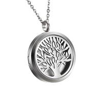 Flongo Collier Pendentif Acier Inoxydable Motif Creux Arbre de Vie Rond Boîtier Diffuseur de Essence Essentiel et Parfum Fantaisie pour Femme Anniversaire