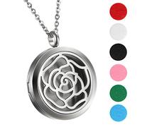 Flongo Collier Pendentif Acier Inoxydable Motif Creux Fleur de Rose Rond Boîtier Diffuseur de Essence Essentiel et Parfum Fantaisie pour Femme Anniversaire