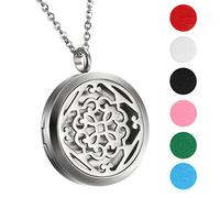 Flongo Collier Pendentif Acier Inoxydable Motif Creux Rétro Fleur Rond Boîtier Diffuseur de Essence Essentiel et Parfum Fantaisie pour Femme Anniversaire
