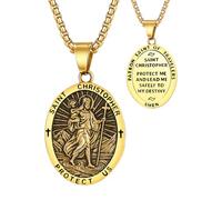 Flongo Collier Saint Christophe pour homme - Pendentif de protection en acier inoxydable avec médaille de Saint Christophe - Bijoux catholique pour voyageurs et croyants en or, Acier inoxydable, Non