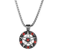 Flongo Collier Unique pour Homme Biker Motard, Collier Pendentif Rond Etoile Composé Faux Diamant Couleur Rouge Bijoux Fantaisie Cadeaux Anniversaire Noël Saint-Valentin Fête des Pères