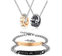 Flongo Couple Colliers&Bracelets pour Femme Homme, Colliers Bagues Couronnes Gourmettes Gravées His&Her King Queen Coeur Puzzle Noir Or Rose Composées Zircon Fantaisie Bijoux pour Noël Saint-Valentin