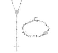 Flongo Ensemble Collier et Bracelet Femme:Collier et Bracelet Perles en Acier Inoxydable avec Pendentif Croix et Médaillon Vierge Marie Religieux Catholiques - Cadeau Femme