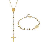 Flongo Ensemble Collier et Bracelet Femme:Collier et Bracelet Perles en Acier Inoxydable avec Pendentif Croix et Médaillon Vierge Marie Religieux Catholiques - Cadeau Femme