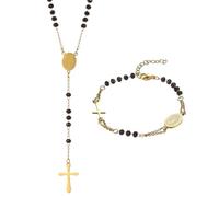Flongo Ensemble Collier et Bracelet Femme:Collier et Bracelet Perles en Acier Inoxydable avec Pendentif Croix et Médaillon Vierge Marie Religieux Catholiques - Cadeau Femme