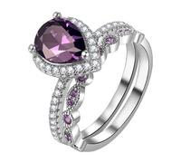 Flongo Ensemble de 2 bagues améthyste pour femmes : 3 carats zircon violet goutte bague de fiançailles argent 925 et bande d'éternité empilable alliance mariage anniversaire cadeau pour femmes