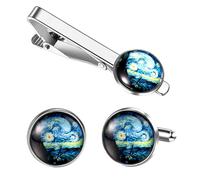 Flongo Ensemble de Boutons Manchette Pince Cravate Homme:Ensemble de Boutons Manchette Pince à Cravate Nuit Étoilée de Van Gogh-Cadeau Anniversaire Fête des Pères