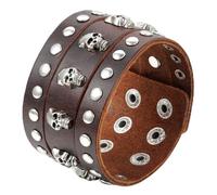 Flongo Large Bracelet Cuir Corde Alliage Lien Poigent Rivet Tête de Mort Crâne Punk Rock Réglable Convient 19cm-22cm Couleur Brun Bijoux Cadeau pour Homme