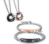 Flongo Lot de 2 bracelets pour Elle et Lui, His Queen & Her King, en acier inoxydable, noir, doré, rose avec zircone, cadeau pour la Saint-Valentin/Noël M Bracciali Con Collane B