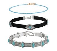 Flongo Lot de 3 Collier Turquoise Ouest Femme:Ras de Cou Gothique Noir Style Amérindien et Bohème-Cadeau Noël Anniversaire