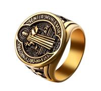 Flongo Saint Benoît Chevalière Homme : Or Argent Bague Religieuse Amulette Saint Benoît Acier Inoxydable Catholique Croix Exorcisme Bague Ronde Rétro Bande Cadeau Bague Taille de 57 à 71