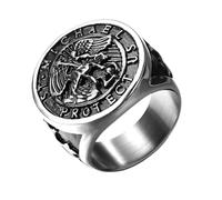 Flongo Saint Michael Bague Chevalière pour Homme : Or Argent Bague Religieuse Amulette Saint Michael Acier Inoxydable Protecteur Bijoux Signet Bague Religion Rond Rétro Bande Cadeau Taille de 57 à 71,