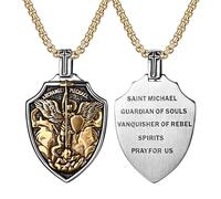 Flongo Saint Michael Pendentif pour homme : Archange Saint Michel Collier Catholicisme Religieux Chaîne St Jude Médaille Noir Argent Porte-bonheur Protection Amulette de Noël Cadeaux
