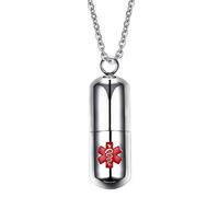 Flongo SOS Capsule Collier Pendentif en acier inoxydable Argent Rouge Identification médicale SOS Cas d’urgence