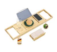 Floordirekt Plateau de baignoire en bambou réglable avec porte-livre - Accessoire Baignoire, Plateau en bois extensible (Oklahoma)