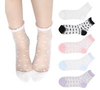 Floosum Lot de 4 à 6 paires de chaussettes en dentelle transparentes ultra fines en résille élastique pour femme, Point de bordure en dentelle, 5-10