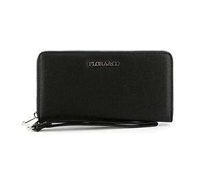 FLORA CO PARIS - Portefeuille Femme Zippé Grande Capacité - Wallet Compagnon Fin Souple Format Long 20cm - Porte-Cartes Monnaies Tout-en-Un PU Cuir Grainé à Lanière - Classique Elégant - Noir