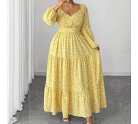 Floral aléatoire, tissu best-seller pour femmes grandes tailles avec base jaune et petit motif floral, robe longue maxi à manches longues, coupe flatteuse, convient pour les vacances, les garden-parti