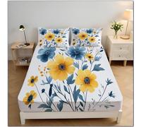 Floral Bleu Drap Housse Microfibre 135x190x30cm Housse De Matelas 30 Cm Profondeur pour Matelas épais, Illustration À L'Aquarelle Draps Housses Doux, Jaune