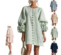 Floral Button-Down Dress,3D Floral Cuffs Lantern Sleeve Loose Fit Dress