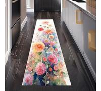 Floral Chrysanthème Tapis de Couloir Antidérapant 80 x 200 cm, Aquarelle Dahlia Peinture Fleurs Sauvages Tapis de Passage Lavable Cuisine Devant Evier Interieur Entrée Chambre à Coucher
