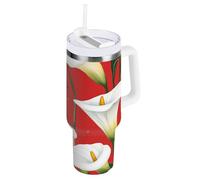 Floral Flower Calla Lily Red Gobelet sous vide avec couvercle anti-fuite et paille pour enfants - Bouteille d'eau à large ouverture pour l'eau, le thé glacé ou le café