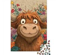 Floral Highland Cow Art Print-2 Puzzles 1000 Pieces Cadeau Unique Jeu Éducatif Challenge Toy À De Qualité Supérieure Peinture Art pour Adultes Et Enfants À Partir De 14 Ans 38x26cm/1000pcs