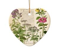 Floral in the Old Book - Ensemble de breloques en céramique en forme de cœur - Décorations de Noël faites à la main, ficelle dorée pour une suspension facile, pour les mariages, les présentoirs de