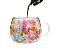 Floral Layer Glass Mug - Double Tea Cup, 3.74 Inches Insulated Mug with Color Petal Design, Beverage Vessel, Handle Glassware, Drinkware Mugs for Hot Cold Tea Coffee Whiskey Beer Everyday Drinking