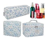 Floral Makeup Bag for Women, Women's Makeup Travel Set, 3X Cotton Quilted Cosmetic Makeup Bag Set, Flower Aesthetic Travel Toiletry Organizer Bag for Women, Teens, Girls, Portable Storage