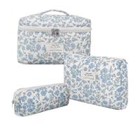 Floral Makeup Bag, Quilted Cosmetic Bag Set, Travel Toiletry Organizer, Aesthetic Flower Pouch for Women, Teens and Girls, 9.84x5.91x5.91 inches, Silver