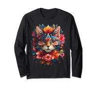Floral Mexican Cat Day Of The Dead Dia De Muertos Women Manche Longue