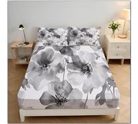 Floral Noir Et Blanc Drap Housse Microfibre 180x200x30cm Housse De Matelas 30 Cm Profondeur pour Matelas épais, Plantes À L'Aquarelle Draps Housses Doux, Gris