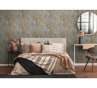 Livingwalls Famous Garden 393464 Papier peint intissé Motif feuilles Bleu clair jaune marron 10,05 m x 0,53 m