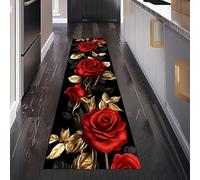 Floral Rose Fleur Tapis de Couloir Antidérapant 80 x 200 cm, Romantique Feuille Amour Pétale Tapis de Passage Lavable Cuisine Devant Evier Salon Chambre à Coucher Descente de lit Interieur