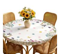 Floral Round Tablecloth | 120cm Elastic Waterproof | Spring Dining Table Cloth | For Homeowners Parents Renters Restaurants Coffee Shops Family Dinners Kitchen Home Apartment Dining Room Gatherings