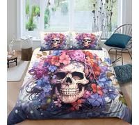 Floral Skull Art Parure de Lit Microfibre résistante 3 Pièces 3D Imprimée Confortable Vibrant Watercolor Linge de Lit avec Taie d'oreiller Ultra Douce for Enfant Double（200x200cm）