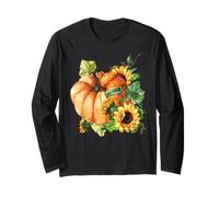 Floral Sunflower and Pumpkin Motif Cute Autumn Fall Graphic Manche Longue