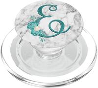 Floral Teal Letter-E Monogram on a White Gray Look PopSockets PopGrip pour MagSafe